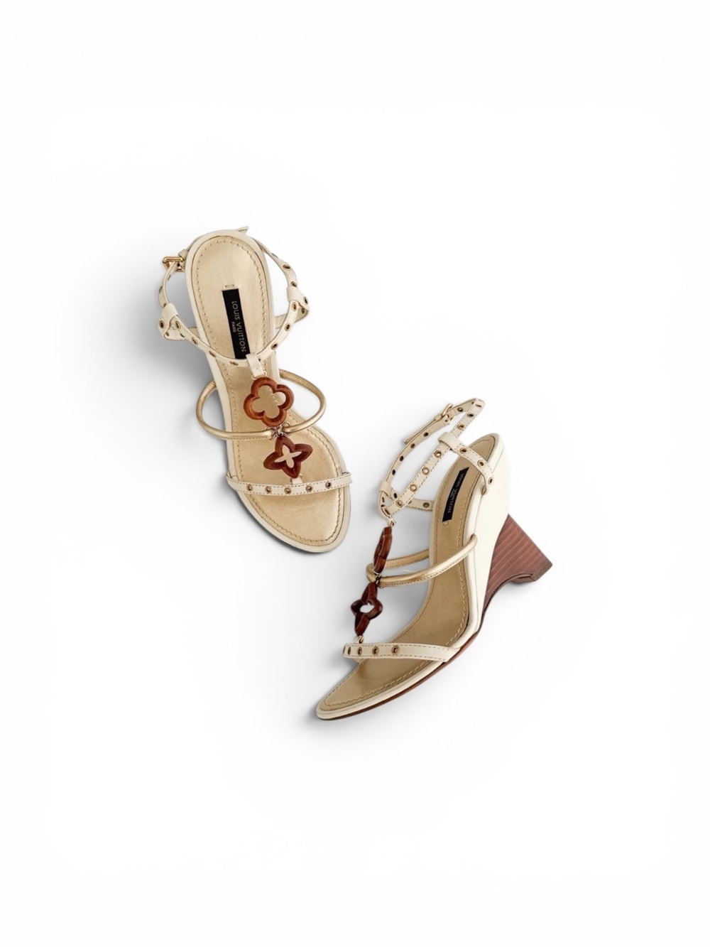 Louis Vuitton Wedge Heels Leather T-Strap Sandals | Designer Luxury Shoes